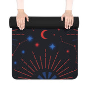 Rolling up the Rubber Yoga Mat featuring a Cosmic Moon & Constellation Design by Astral Signature, signifying portability and convenience for yoga lovers. This celestial mat enhances your night sky yoga experience, suitable for all yoga practices including meditation and exercise. With its non-slip surface, it serves as an excellent gift for any yogi.
