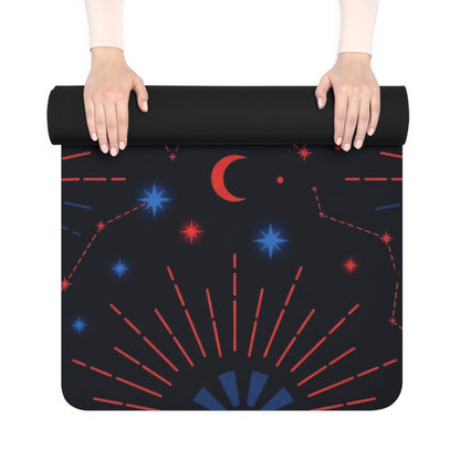 Hands rolling up the Rubber Yoga Mat — Cosmic Moon & Constellation Design by Astral Signature, revealing its striking celestial design. Ideal for astrology yoga enthusiasts, this exercise mat is a fantastic choice for those seeking a meditation mat that combines beauty and functionality for their yoga practice.