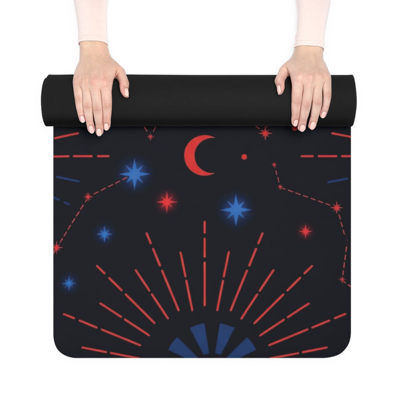 Rolling up the Rubber Yoga Mat featuring a Cosmic Moon & Constellation Design by Astral Signature, signifying portability and convenience for yoga lovers. This celestial mat enhances your night sky yoga experience, suitable for all yoga practices including meditation and exercise. With its non-slip surface, it serves as an excellent gift for any yogi.
