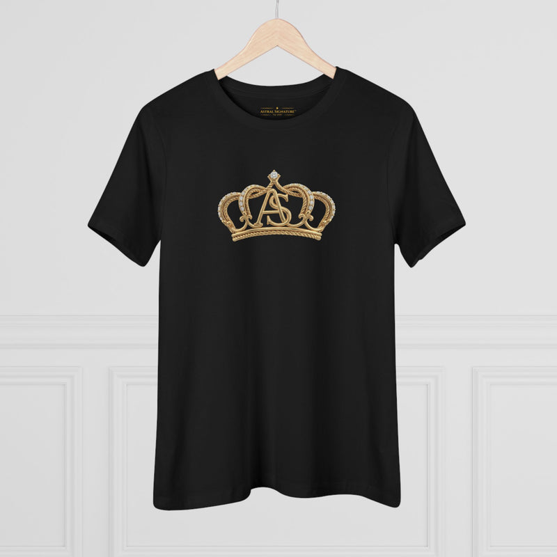 The Women’s Cotton Tee — Minimal Radiant A.S Golden Crown Lines Graphic by Astral Signature, displayed in a stylish setting in black. A modern women tee effortlessly combines elegance and comfort.