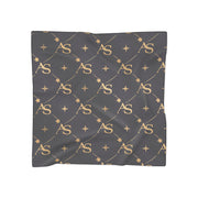 Monogram Astral Star Silk Scarf featuring a repeating gold AS monogram pattern on a charcoal background, a stylish accessory from Astral Signature. Perfect for versatile styling, ideal for those looking for elegant poly scarves. ACCESSORIES, poly scarf, scarf, Scarves.
