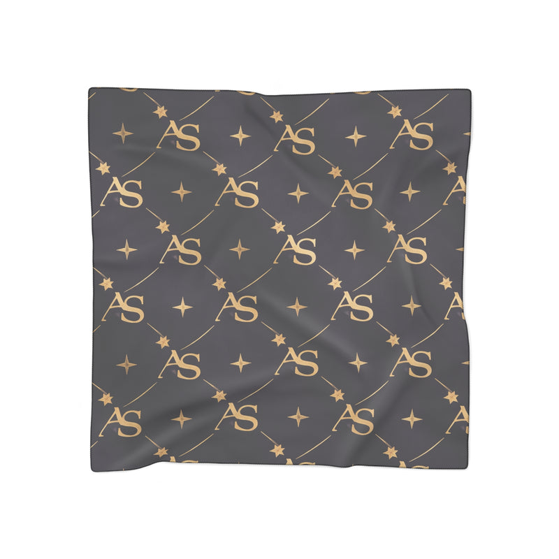 Monogram Astral Star Silk Scarf featuring a repeating gold AS monogram pattern on a charcoal background, a stylish accessory from Astral Signature. Perfect for versatile styling, ideal for those looking for elegant poly scarves. ACCESSORIES, poly scarf, scarf, Scarves.