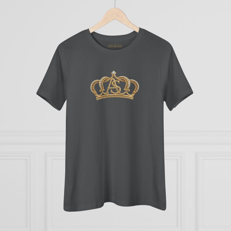 The Women’s Cotton Tee — Minimal Radiant A.S Golden Crown Lines Graphic by Astral Signature in a gray hue, captured hanging, perfect as a chic women tee.