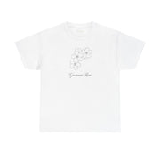 Front view of the Giovanni Reni Floral Script Tee, 'Guerrera Rosa', available in white, designed as a Women’s Relaxed Tee by Astral Signature.