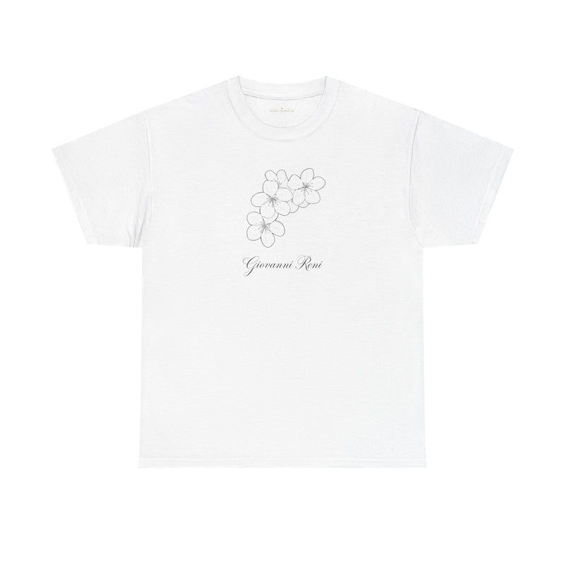 Front view of the Giovanni Reni Floral Script Tee, 'Guerrera Rosa', available in white, designed as a Women’s Relaxed Tee by Astral Signature.