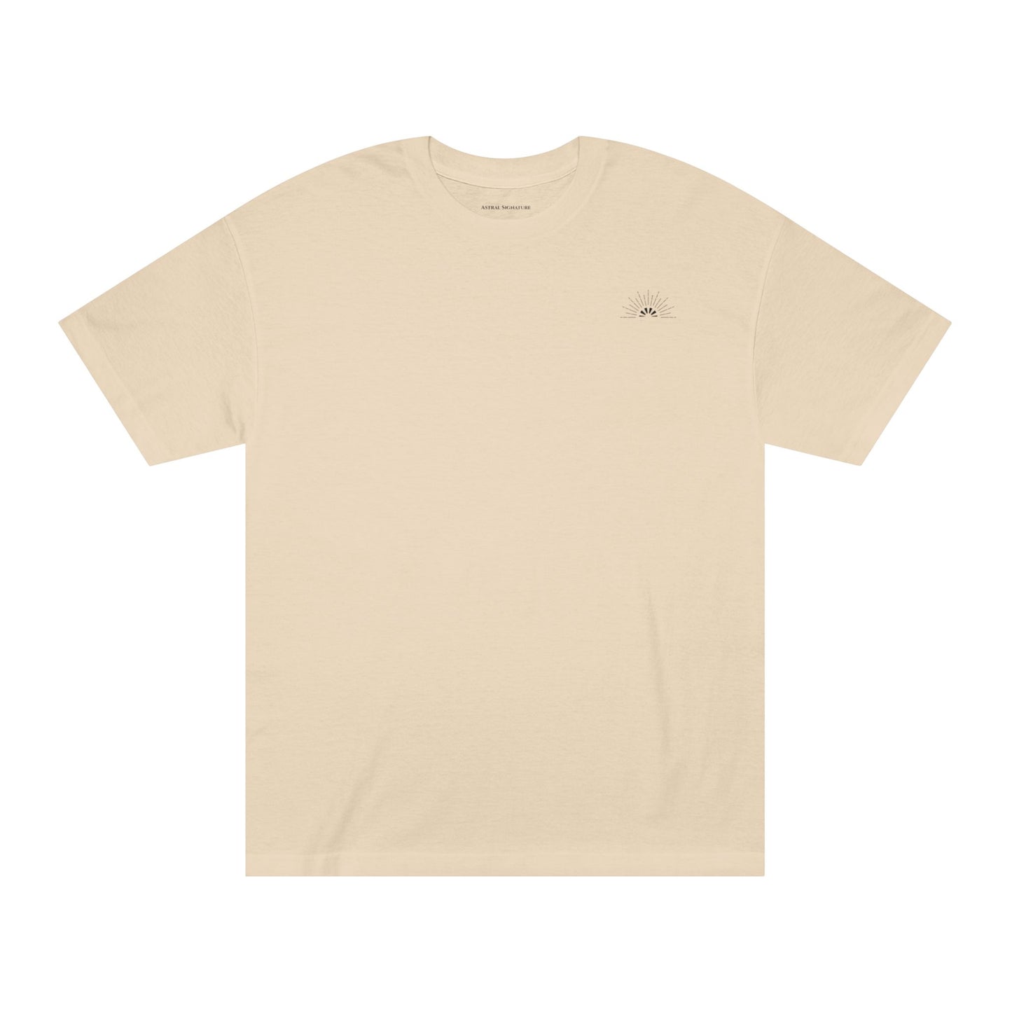 Unisex Classic Logo Tee – Sunrise by Astral Signature in soft beige, displaying its classic silhouette. This everyday tee is ideal for casual outings, embodying a minimal and gender neutral style for all wearers.