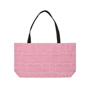 Front view of the Weekender Tote Bag - Structured Croc-Embossed in Light Pink by Astral Signature, showcasing its textured croc-embossed design, ideal for fashion accessories, travel bag, and beach tote, perfect for carrying essentials as a weekender tote.
