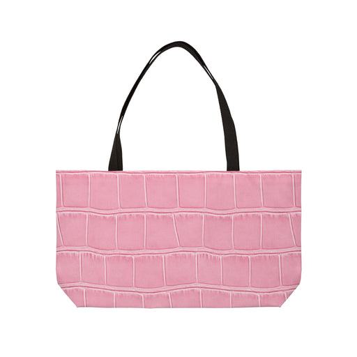 Front view of the Weekender Tote Bag - Structured Croc-Embossed in Light Pink by Astral Signature, showcasing its textured croc-embossed design, ideal for fashion accessories, travel bag, and beach tote, perfect for carrying essentials as a weekender tote.