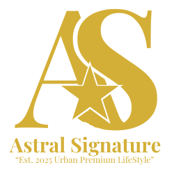 Astral Signature brand logo, emphasizing the luxury and design philosophy behind the 14K gold plated floral jewelry set.