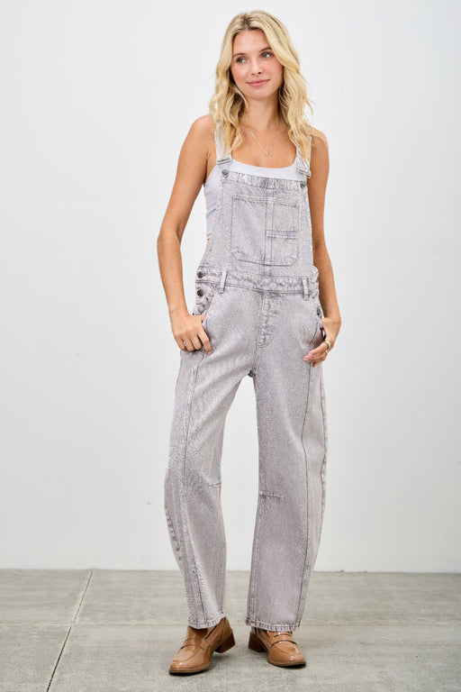 Front view of Barrel Overalls by SAIGE DENIM in a light grey color, highlighting the comfortable fit and casual style suitable for women's jumpsuits & rompers. Perfect addition to any wardrobe, these overalls blend utility and style.