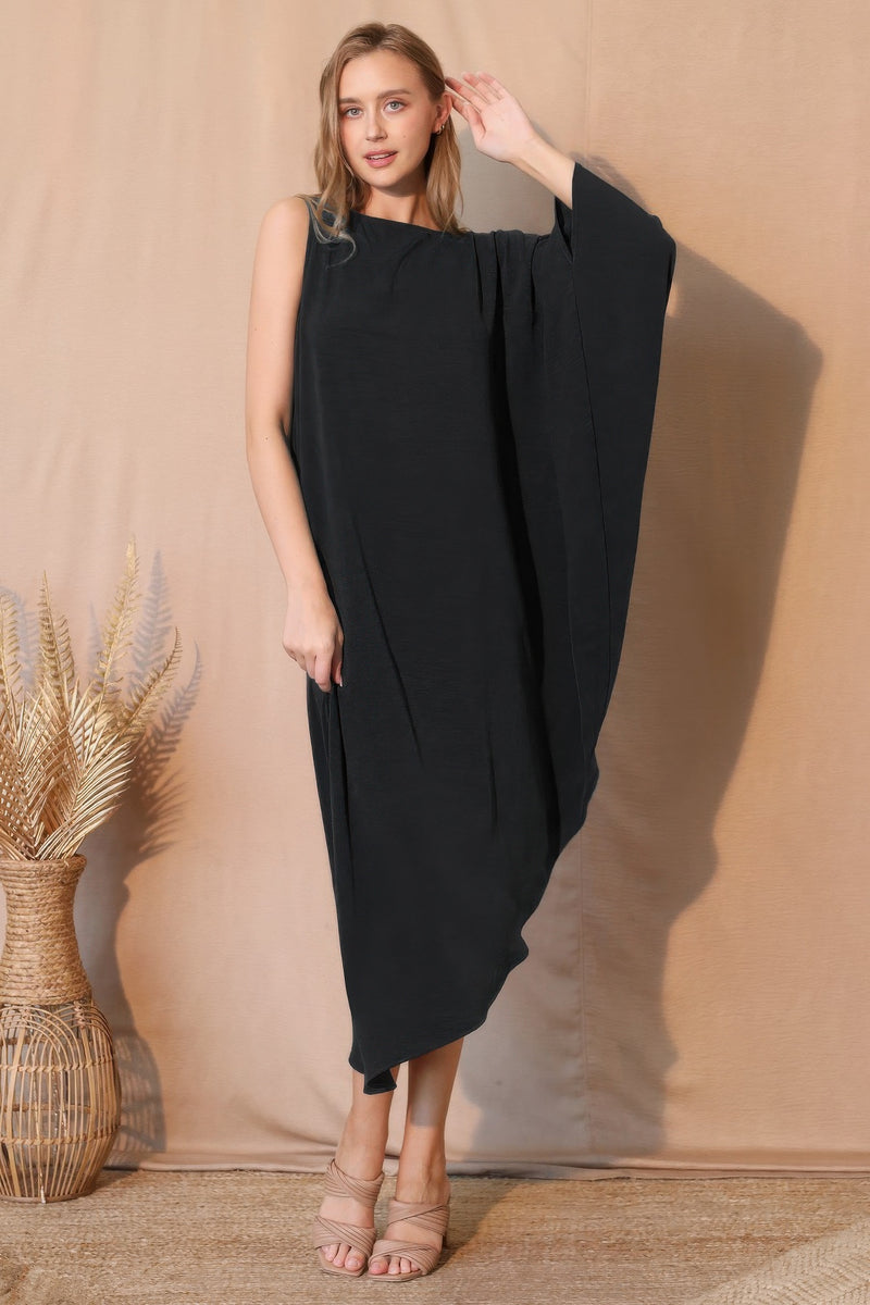 Another view of the Matte Crepe One Sleeve Dress by TYCHE, illustrating its sophisticated black color and unique drape. A must-have in the Women's Clothing category, it's a great Gift for Her. APPAREL, Black, CCPRODUCTS, DRESSES, NEW ARRIVALS, One Sleeve Dress, Women's, Women's top.