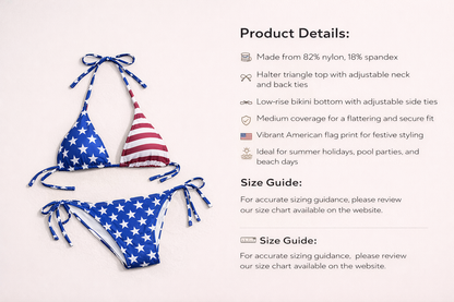 Flat lay of the American Flag Halter Bikini Set by BE WICKED, showcasing the bikini's details including adjustable ties and vibrant patriotic print, perfect for summer celebrations. APPAREL, CCPRODUCTS, NEW ARRIVALS, SWIMWEAR & COVER-UPS.