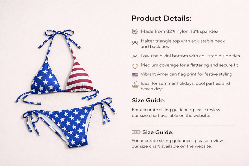 Flat lay of the Halter Triangle Bikini Set - American Flag Spirit by BE WICKED, highlighting its detailed design with adjustable ties and vibrant American flag print. This Halter Triangle Bikini Set is perfect for summer holidays, beach parties, and poolside relaxation as part of the NEW ARRIVALS lineup. An excellent choice for a Gift for Her, it combines style and comfort in the APPAREL category, showcasing bold red, white, and blue colors.