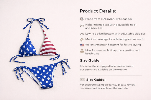 Flat lay of the Halter Triangle Bikini Set - American Flag Spirit by BE WICKED, highlighting its detailed design with adjustable ties and vibrant American flag print. This Halter Triangle Bikini Set is perfect for summer holidays, beach parties, and poolside relaxation as part of the NEW ARRIVALS lineup. An excellent choice for a Gift for Her, it combines style and comfort in the APPAREL category, showcasing bold red, white, and blue colors.