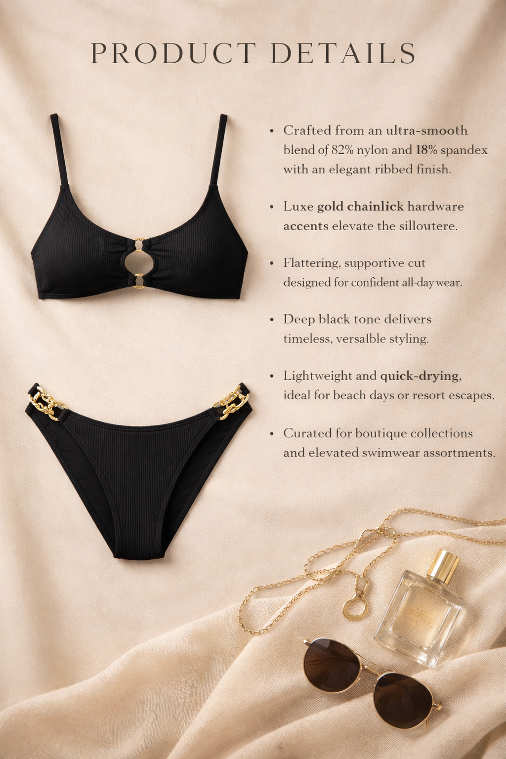 Flat lay of the Golden Chainlink Accent Black Ribbed Bikini by Astral Signature with styled accessories, showcasing its luxurious details for beach days and vacations. Apparel, Black, CCPRODUCTS, NEW ARRIVALS, SWIMWEAR & COVER-UPS.