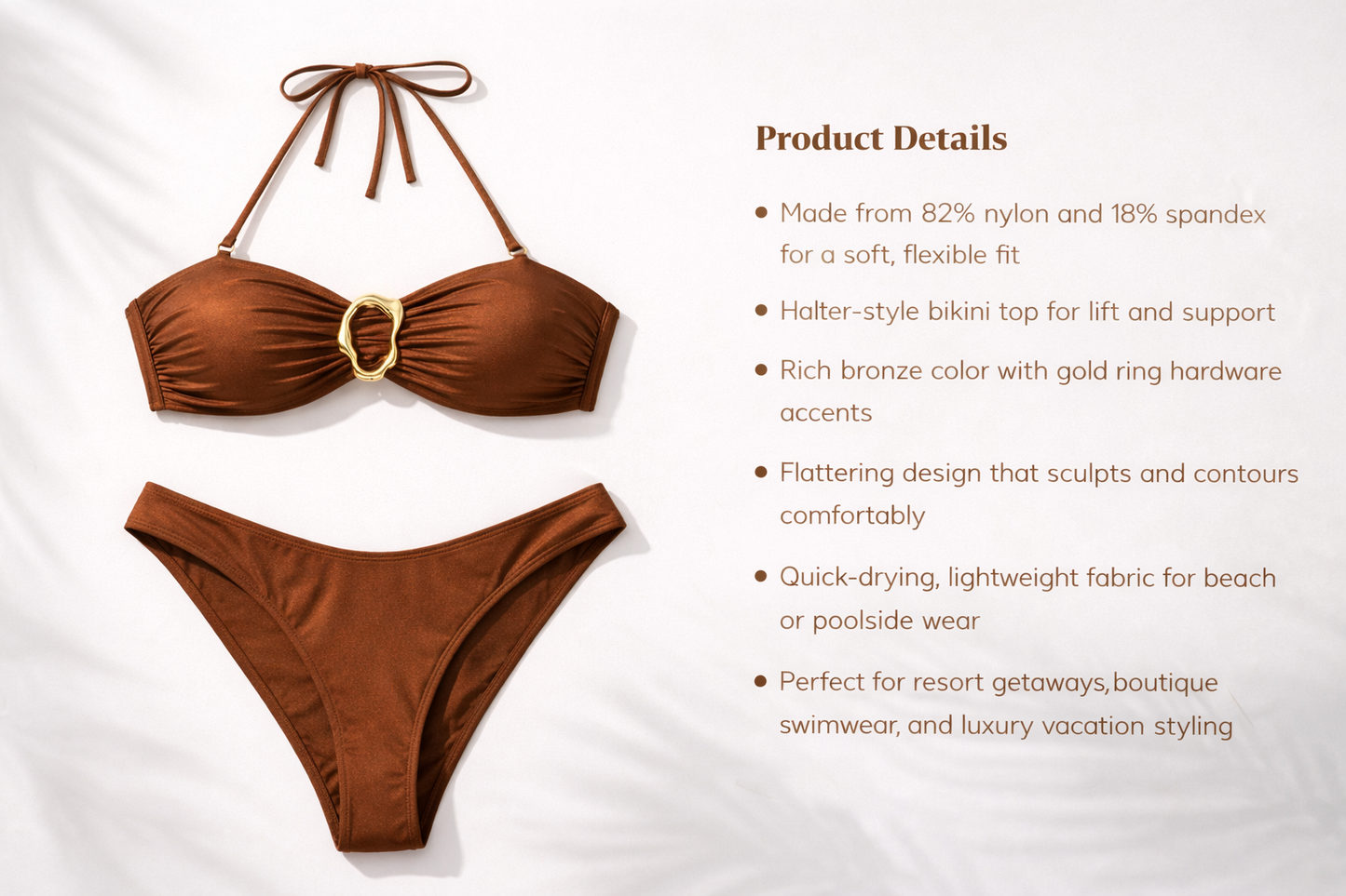 Flat lay of the Bronze Halter Bikini With Gold Ring Detail by Stylish Swimwear, detailing its premium fabric and design features. The dark brown bikini is categorized under APPAREL, CCPRODUCTS, NEW ARRIVALS, and SWIMWEAR & COVER-UPS, ideal for vacation styling.