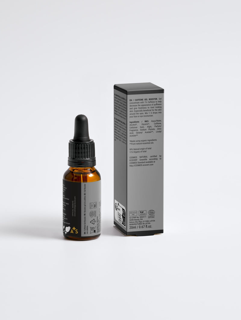 Back view of the Caffeine Gel Booster - Energizing Formula for Puffiness by Astral Signature in amber packaging. This anti-age booster is designed for oily and mature skin types, featuring caffeine as a hydrating active ingredient. It's a natural certified solution for refreshing under-eye fatigue and repairing damaged skin barriers.