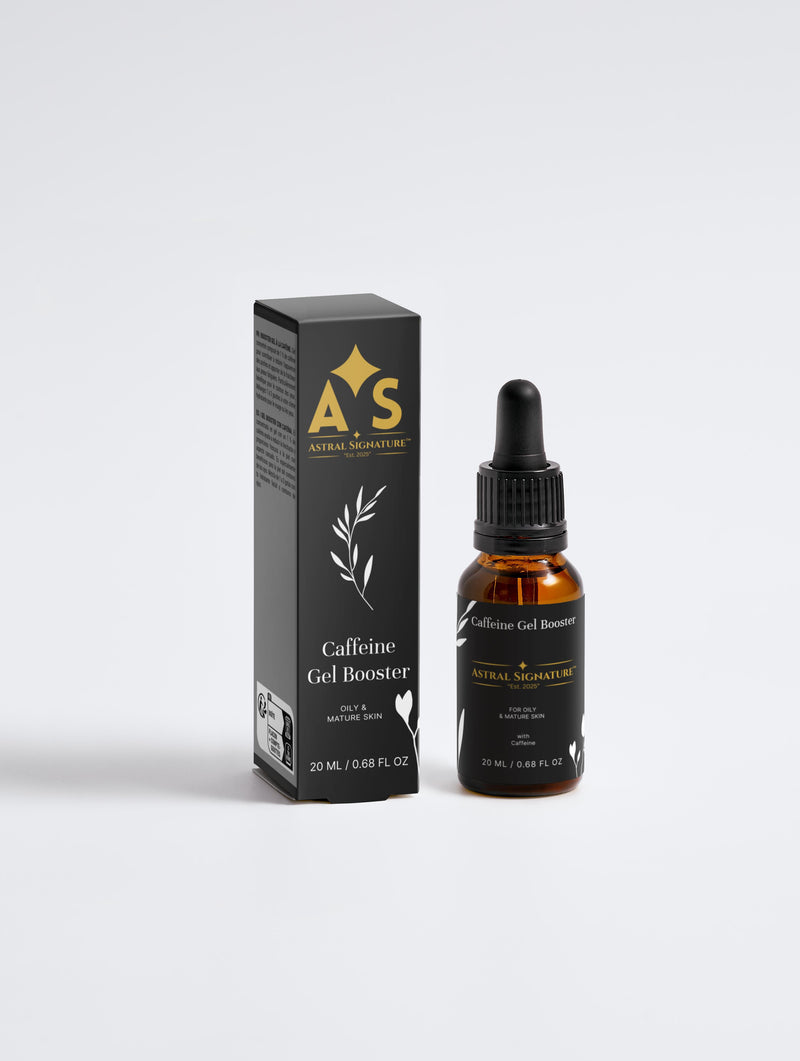 Caffeine Gel Booster - Energizing Formula for Puffiness by Astral Signature. The amber packaging showcases an anti-age booster type, infused with caffeine as an active ingredient, ideal for hydrating mature skin. A natural certified product that addresses damaged skin barriers and under-eye fatigue without oil.