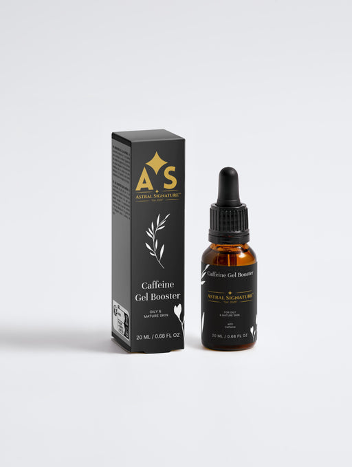 Caffeine Gel Booster - Energizing Formula for Puffiness by Astral Signature. The amber packaging showcases an anti-age booster type, infused with caffeine as an active ingredient, ideal for hydrating mature skin. A natural certified product that addresses damaged skin barriers and under-eye fatigue without oil.