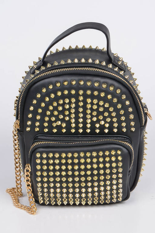 A stylish Studded Backpack with Chain Zipper by HD ACCESSORIES featuring bold gold studs on a black background, emphasizing its edgy accessories design. This new arrival makes a perfect handbag choice for those seeking a standout piece.