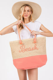 A model showcasing the Rope Handle Beach Tote, crafted by HD ACCESSORIES, featuring a stylish crochet design with 'Beach' lettering in Coral. This spacious Tote Bag is perfect for summer outings, ideal for beach-goers. Discover this beautiful addition to your summer wardrobe that fits right in with NEW ARRIVALS in various hues including Blue and Hot Pink.