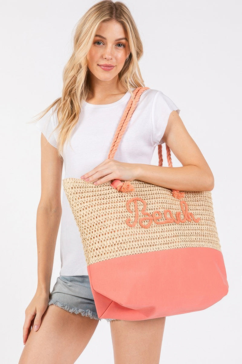 Showcasing the stylish Rope Handle Beach Tote by HD ACCESSORIES in a fashionable Coral tone, ideal for sea fans. This spacious Beach Tote Bag is designed for your essentials while giving off trendy vibes with its crochet fabric and vibrant colours, matched with choices like Blue and Yellow.