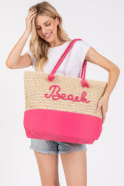 The Rope Handle Beach Tote in Coral from HD ACCESSORIES is depicted being held by a model, demonstrating its stylish crochet design perfect for daily summer use. This versatile Tote Bag complements various outfits and is an excellent choice among the latest HANDBAGS, available in multiple colors like Turquoise and Yellow.