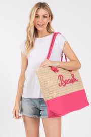 A smiling model presents the Rope Handle Beach Tote by HD ACCESSORIES in a bold Hot Pink color, ideal for beach vibes. This practical Beach Tote Bag comes with a textured crochet design and is the perfect summer accessory, expanding to different styles and hues like Navy and Orange.
