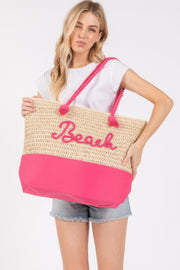 Model showcasing the Rope Handle Beach Tote by HD ACCESSORIES in a chic hot pink, perfect for sunny days at the beach. This spacious Beach Tote Bag embodies summer spirit with its vibrant color, aligning with other fashionable accessories in the collection like Navy and Yellow.