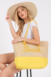 A stylish model holds the Rope Handle Beach Tote by HD ACCESSORIES in a fresh Yellow color, perfect for summer outings. This must-have Beach Tote Bag combines trendy crochet design and vibrant lettering, making it an ideal companion for all summer adventures alongside hues like Coral and Green.