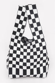 Back view of a Japanese Knot Bag — Chic Checker Woven in black and white, featuring a trendy checker design by HD ACCESSORIES. This bag exemplifies the Japanese Knot Bag Style with its sleek silhouette, offering a blend of fashion and function. ACCESSORIES, Bag, Black, CCPRODUCTS, Chic Checker Poly Woven, HANDBAGS, NEW ARRIVALS.