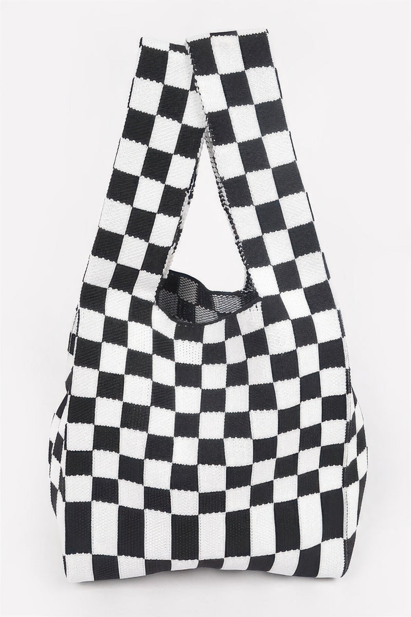 Back view of a Japanese Knot Bag — Chic Checker Woven in black and white, featuring a trendy checker design by HD ACCESSORIES. This bag exemplifies the Japanese Knot Bag Style with its sleek silhouette, offering a blend of fashion and function. ACCESSORIES, Bag, Black, CCPRODUCTS, Chic Checker Poly Woven, HANDBAGS, NEW ARRIVALS.