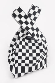Front view of a black and white Japanese Knot Bag — Chic Checker Woven by HD ACCESSORIES. The bag showcases the trending Japanese Knot Bag Style, creating a bold fashion statement with its checker pattern. Ideal for everyday use and stylish events. ACCESSORIES, Bag, Black, CCPRODUCTS, Chic Checker Poly Woven, HANDBAGS, NEW ARRIVALS.