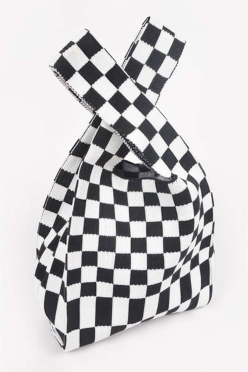 Front view of a black and white Japanese Knot Bag — Chic Checker Woven by HD ACCESSORIES. The bag showcases the trending Japanese Knot Bag Style, creating a bold fashion statement with its checker pattern. Ideal for everyday use and stylish events. ACCESSORIES, Bag, Black, CCPRODUCTS, Chic Checker Poly Woven, HANDBAGS, NEW ARRIVALS.