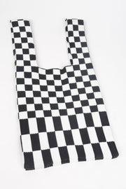 Image of a black and white checker pattern Japanese Knot Bag — Chic Checker Woven by HD ACCESSORIES. This stylish bag showcases the unique Japanese Knot Bag Style with a chic checker design, ideal for everyday use. Perfect for adding a modern touch to your outfits. ACCESSORIES, Bag, Black, CCPRODUCTS, Chic Checker Poly Woven, HANDBAGS, NEW ARRIVALS.