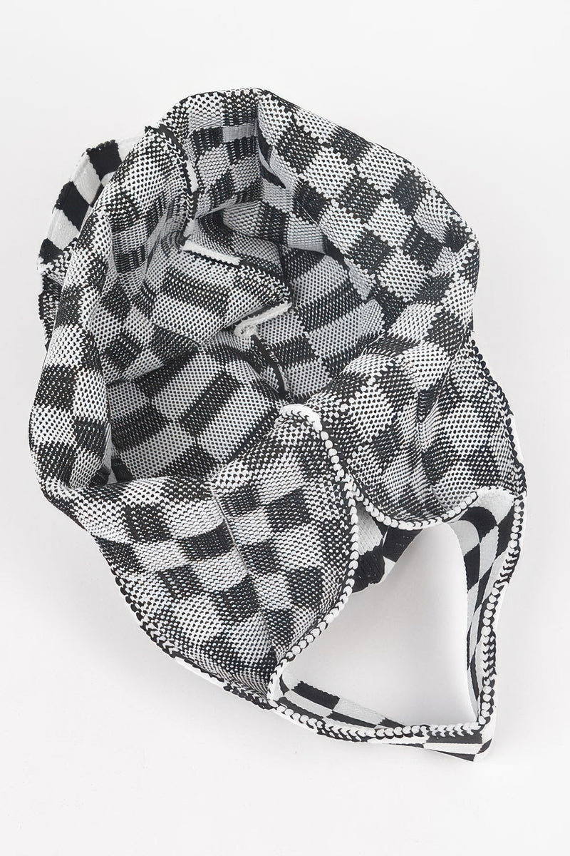 Interior view of a black and white Japanese Knot Bag — Chic Checker Woven by HD ACCESSORIES, highlighting its spacious design. This bag is a perfect representation of the Japanese Knot Bag Style, suitable for carrying essential items while remaining chic. ACCESSORIES, Bag, Black, CCPRODUCTS, Chic Checker Poly Woven, HANDBAGS, NEW ARRIVALS.