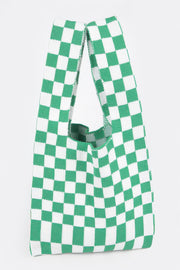 Image of a green and white checker pattern Japanese Knot Bag — Chic Checker Woven by HD ACCESSORIES. This bag represents the Japanese Knot Bag Style with its vibrant checker design, adding a pop of color to any outfit. Perfect for casual outings and trendy looks. ACCESSORIES, Bag, Green, CCPRODUCTS, Chic Checker Poly Woven, HANDBAGS, NEW ARRIVALS.