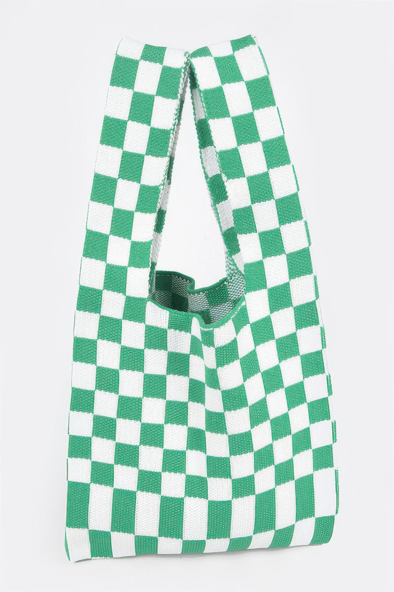 Image of a green and white checker pattern Japanese Knot Bag — Chic Checker Woven by HD ACCESSORIES. This bag represents the Japanese Knot Bag Style with its vibrant checker design, adding a pop of color to any outfit. Perfect for casual outings and trendy looks. ACCESSORIES, Bag, Green, CCPRODUCTS, Chic Checker Poly Woven, HANDBAGS, NEW ARRIVALS.