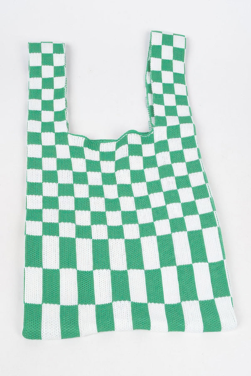 Image of a green checker pattern Japanese Knot Bag — Chic Checker Woven by HD ACCESSORIES, emphasizing its unique design. This bag features the elegant Japanese Knot Bag Style, perfect for adding personality to any casual look. ACCESSORIES, Bag, Green, CCPRODUCTS, Chic Checker Poly Woven, HANDBAGS, NEW ARRIVALS.