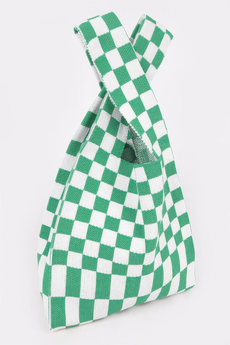 Side view of a green and white Japanese Knot Bag — Chic Checker Woven by HD ACCESSORIES, showcasing its innovative shape and modern style. This bag is an excellent example of the Japanese Knot Bag Style, suitable for various occasions. ACCESSORIES, Bag, Green, CCPRODUCTS, Chic Checker Poly Woven, HANDBAGS, NEW ARRIVALS.