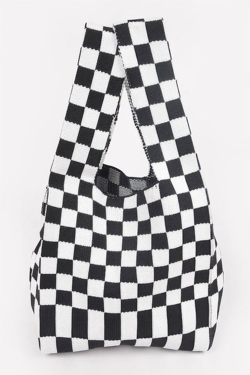 Back view of a Japanese Knot Bag — Chic Checker Woven in black and white, featuring a trendy checker design by HD ACCESSORIES. This bag exemplifies the Japanese Knot Bag Style with its sleek silhouette, offering a blend of fashion and function. ACCESSORIES, Bag, Black, CCPRODUCTS, Chic Checker Poly Woven, HANDBAGS, NEW ARRIVALS.