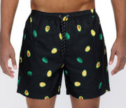 Front view of Men's Swim Shorts - Avocado Design by WEIV featuring an allover avocado pattern on a black background, perfect for any summer outing. Part of the Avocado Swim Design, these shorts are labeled as CCPRODUCTS, Men's Shorts, MENS, MENS BOTTOMS, and NEW ARRIVALS.
