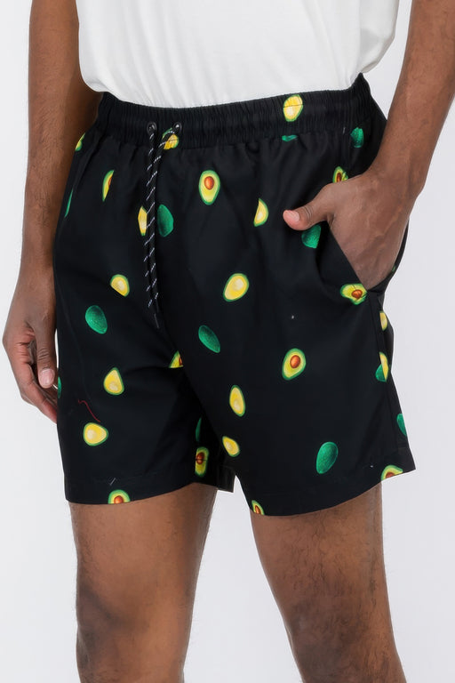 Men's Swim Shorts - Avocado Design by WEIV showcasing a playful avocado print on a black background, ideal for summer activities. Featuring elements like the Avocado Swim Design, these shorts fall under CCPRODUCTS, Men's Shorts, MENS, MENS BOTTOMS, and NEW ARRIVALS.