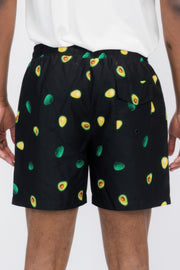 Back view of Men's Swim Shorts - Avocado Design by WEIV, displaying the unique black avocado print. These swim shorts emphasize the Avocado Swim Design and are categorized under CCPRODUCTS, Men's Shorts, MENS, MENS BOTTOMS, and NEW ARRIVALS.