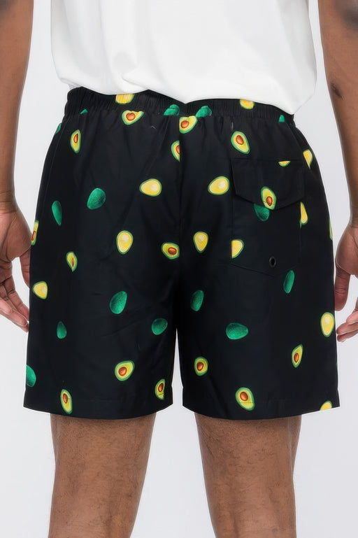 Back view of Men's Swim Shorts - Avocado Design by WEIV, displaying the unique black avocado print. These swim shorts emphasize the Avocado Swim Design and are categorized under CCPRODUCTS, Men's Shorts, MENS, MENS BOTTOMS, and NEW ARRIVALS.