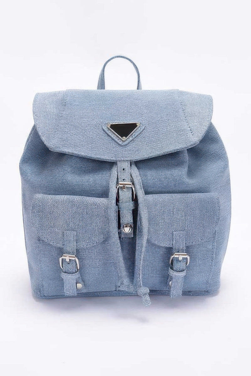 Stylish medium blue denim double pocket front backpack from HD ACCESSORIES, showcasing a casual and sophisticated design ideal for daily use. Perfect for fashion-forward individuals, this Backpack offers functional storage and a modern aesthetic. Experience the versatile charm of this NEW ARRIVAL backpack accessory.
