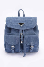 Front view of the medium blue denim double pocket front backpack by HD ACCESSORIES, blending trendy style with practicality. This Backpack features double front pockets and is a stylish addition to any outfit, making it an essential accessory from our collection of NEW ARRIVALS.