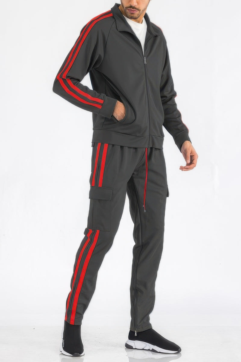 Men's Tracksuit by WEIV presented in a charcoal grey tone with red stripes, embodying the Two Stripe Utility Pocket Track Suit. Ideal for fitness enthusiasts, this activewear shows off a modern design with utility features. Active, Activewear, Black lime, Black orange, Black red, Black white, Black yellow, CCPRODUCTS, Gift for Him, MENS, MENS SETS, Navy white, NEW ARRIVALS, Red white.