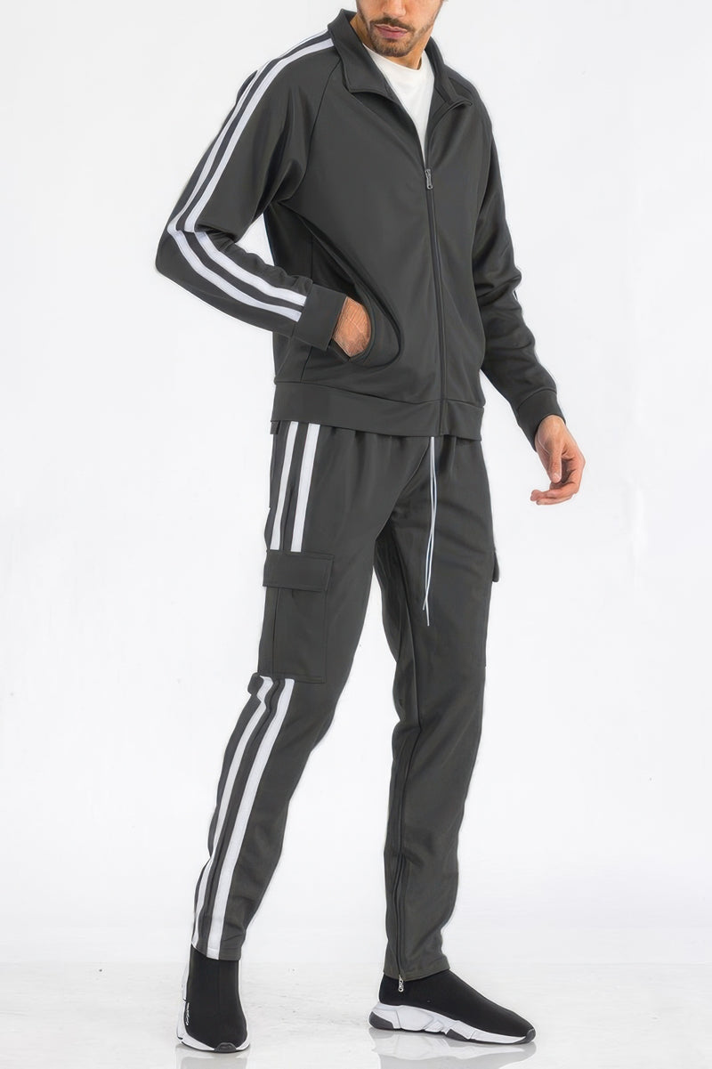 Men's Tracksuit by WEIV in charcoal grey with classic white stripes, representing the Two Stripe Utility Pocket Track Suit. Perfect for active and casual occasions, this set emphasizes comfort and style in your wardrobe. Active, Activewear, Black lime, Black orange, Black red, Black white, Black yellow, CCPRODUCTS, Gift for Him, MENS, MENS SETS, Navy white, NEW ARRIVALS, Red white.