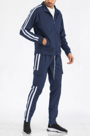 Men's Tracksuit by WEIV featuring a navy blue Two Stripe Utility Pocket Track Suit. Ideal for an active lifestyle, this stylish ensemble combines functionality with sporty elegance. Active, Activewear, Black lime, Black orange, Black red, Black white, Black yellow, CCPRODUCTS, Gift for Him, MENS, MENS SETS, Navy white, NEW ARRIVALS, Red white.